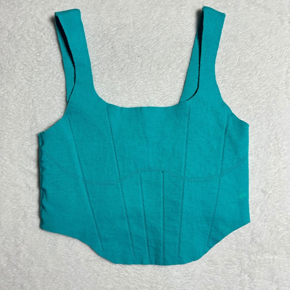 FP Movement Good Karma Ruched Corset Tank Teal Cropped XS/S Yoga Top Activewear
